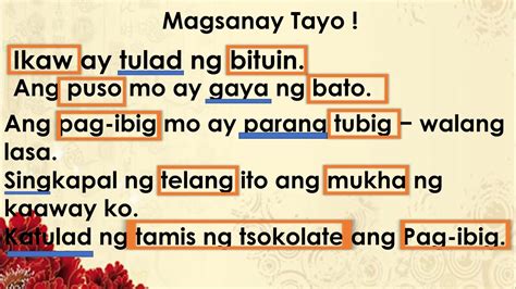 halimbawa ng pagtutulad o simile|Magbigay ng limang (5) halimbawa ng PAGTUTULAD (simile).